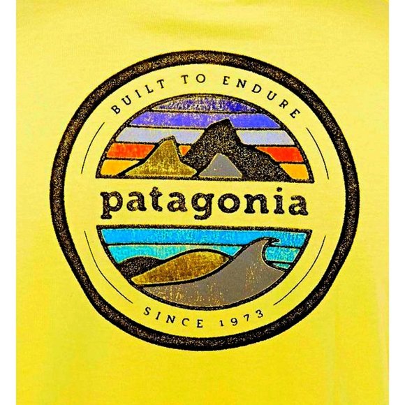 Patagonia Rivet Vintage Logo Cotton/Poly T-Shirt Yellow Distressed Organic Top - Picture 2 of 10